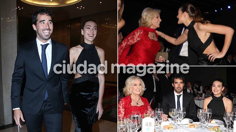 ¡Presentación oficial! Nacho Viale junto a su novia y Mirtha Legrand en una glamorosa cena de gala. (Foto: Movilpress)