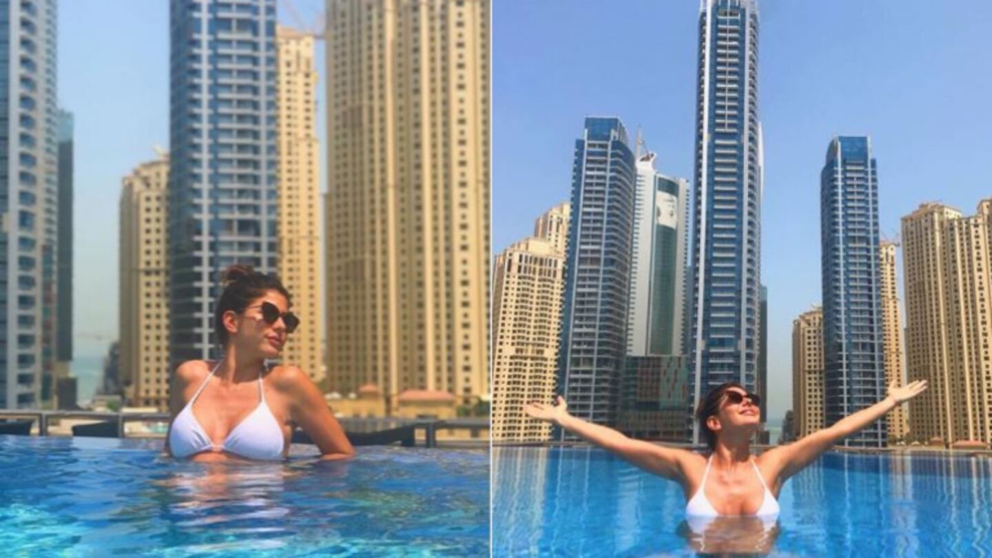 Primero, lo primero: Majo Martino hizo pie en Dubai y pintó chapuzón y fotos sexies en la piscina.