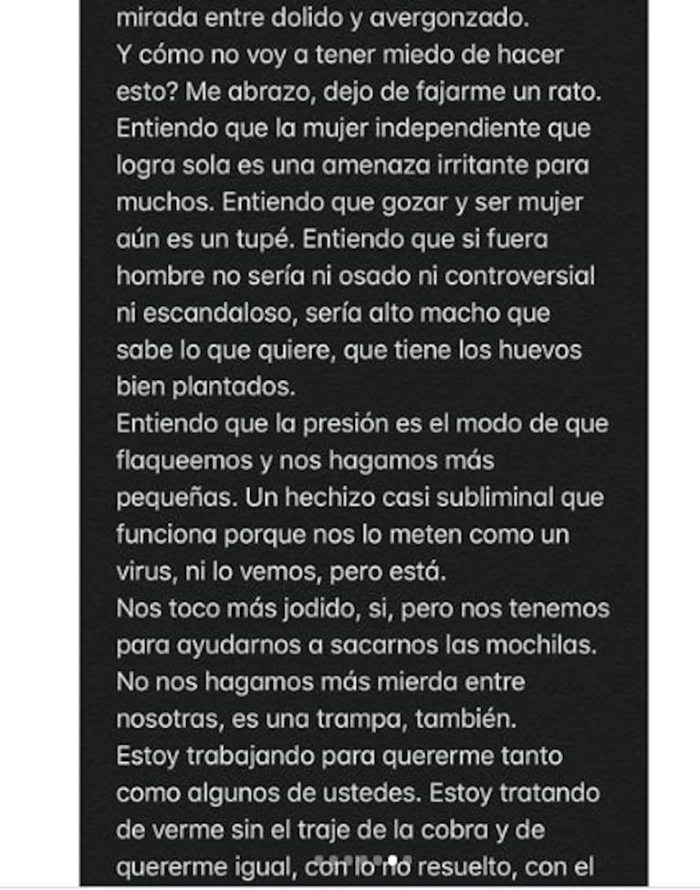 Profunda carta de Jimena Barón: "Una mujer independiente es una amenaza; si fuera hombre sería alto macho"