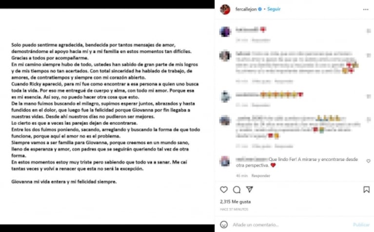Profunda carta de María Fernanda Callejón tras anunciar su separación de Ricky Diotto tras 11 años de amor: "Estoy muy triste"