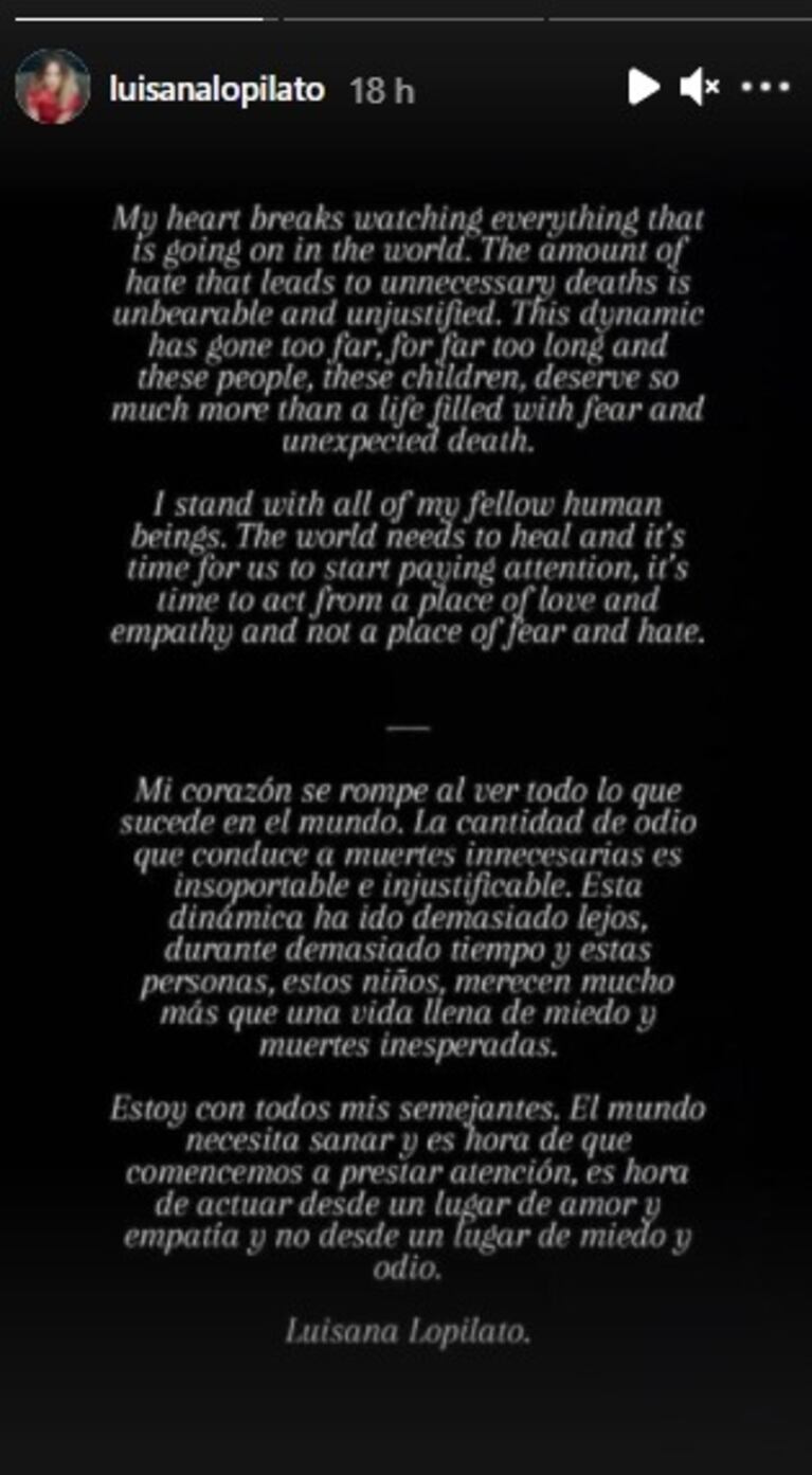 Profunda reflexión de Luisana Lopilato sobre la violencia y el odio en el mundo: "Es hora de actuar desde el amor y la empatía"