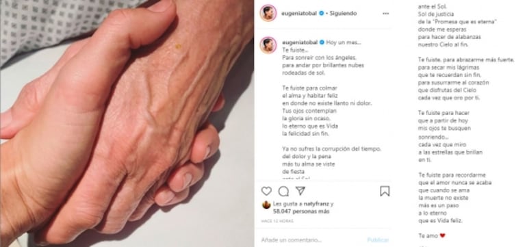 Profundo mensaje de Eugenia Tobal, a un mes de la muerte de su mamá: "Hoy mis ojos te buscan sonriendo"