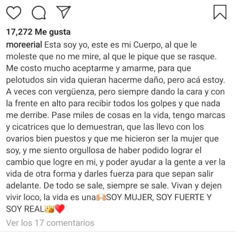 Profundo mensaje de More Rial junto a una foto semi desnuda: "Me costó mucho aceptarme; esta soy yo y este es mi cuerpo"