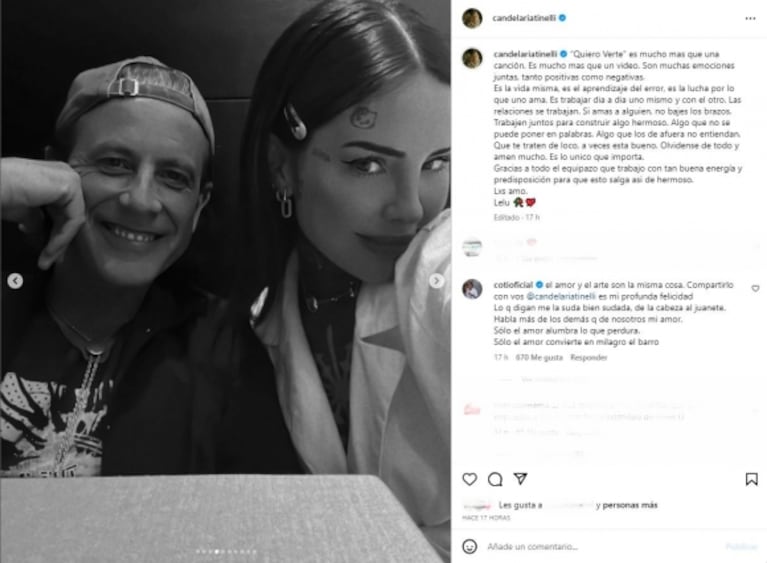 Profundo posteo de Cande Tinelli tras lanzar un tema con Coti y la respuesta del cantante a quienes critican su reconciliación: "Sólo el amor convierte en milagro el barro"