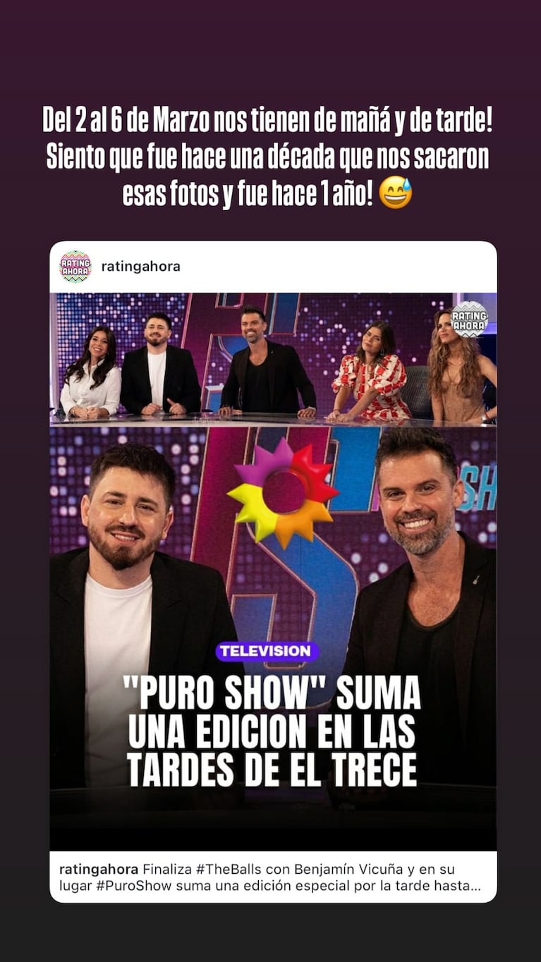 “Puro Show” suma una edición a la tarde de El Trece: cuáles son los cambios de programación | Créditos: Instagram @gossipeame