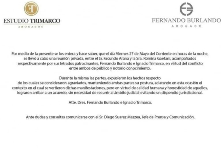Qué dice el acuerdo de Romina Gaetani y Facundo Arana tras las acusaciones de la actriz