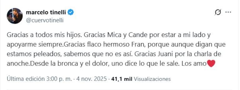 Qué dijo Marcelo Tinelli de cada uno de sus hijos en X.
