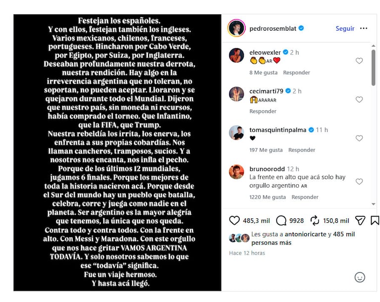 Qué dijo Pedro Rosemblat tras la final del Mundial: el posteo que se hizo viral (Foto de Instagram de @pedrorosemblat)