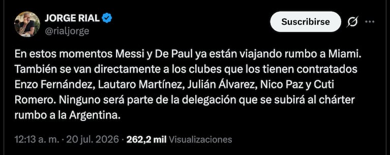 Qué jugadores de la Selección argentina no volverán al país tras el Mundial 2026, según Jorge Rial. CRÉDITO. X