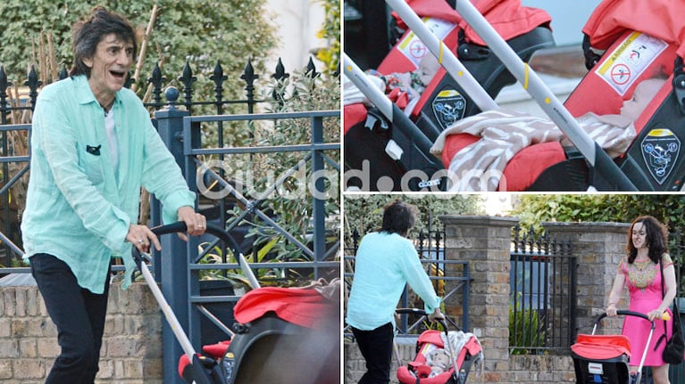 ¡Qué vitalidad! Ron Wood, de paseo con sus gemelas por las calles de Londres. (Foto: Grosby Group)