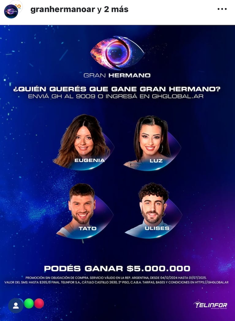 Quién ganará Gran Hermano 2025 (Foto: captura de Instagram/@granhermanoar).