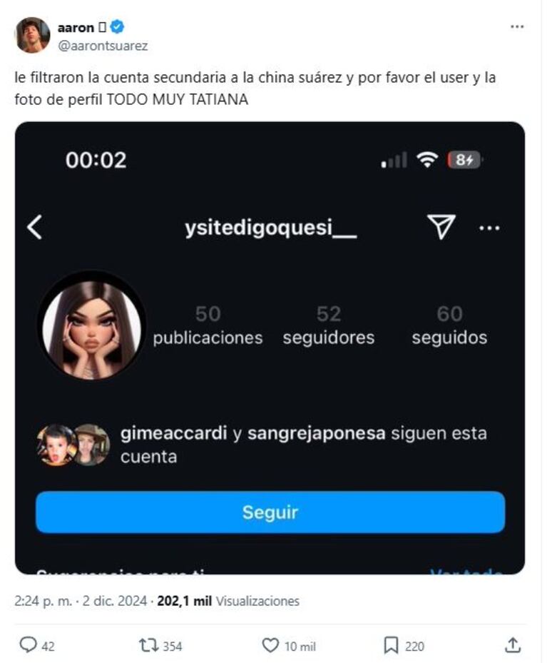 Quiénes son los famosos que siguen la supuesta cuenta secundaria de la China Suárez. (Foto: Captura Instagram /ysitedigoquesi__)