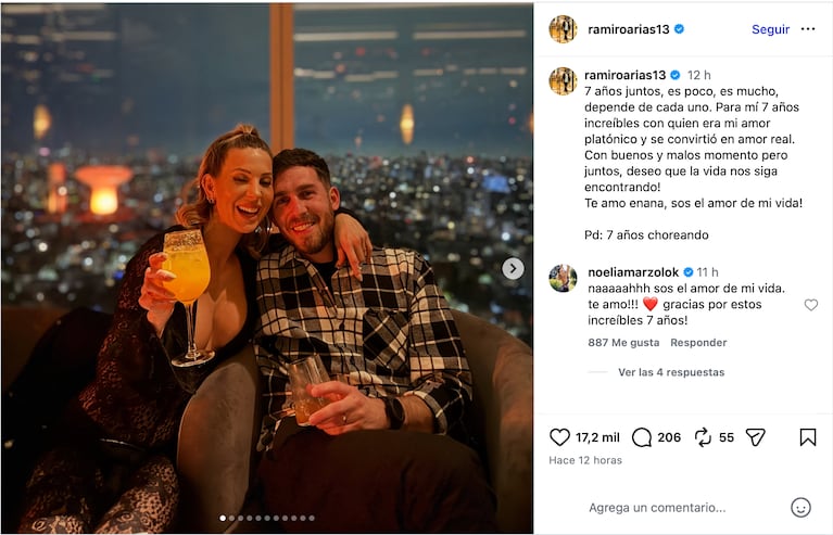 Ramiro Arias y Noelia Marzol celebraron 7 años juntos (Foto: Instagram @ramiroarias13)