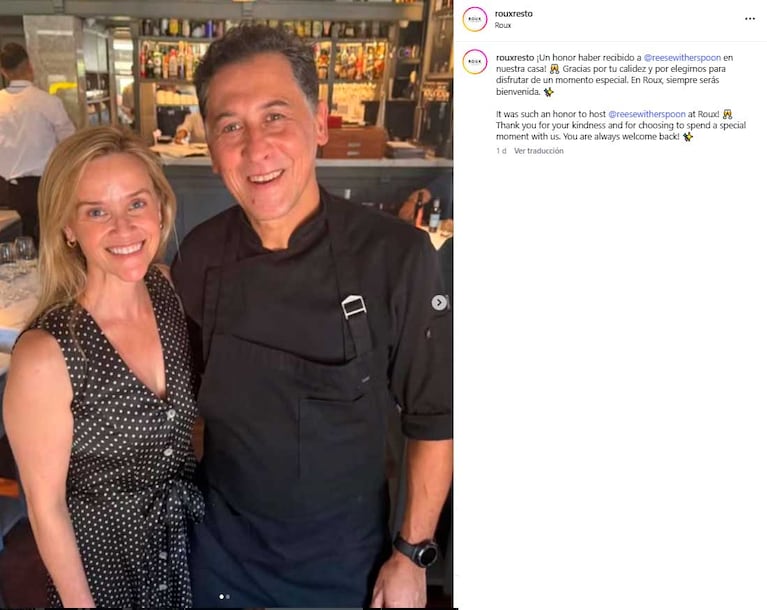 Reese Witherspoon visitó al chef Martín Rebaudino en su restaurante (Foto: @reouxresto)