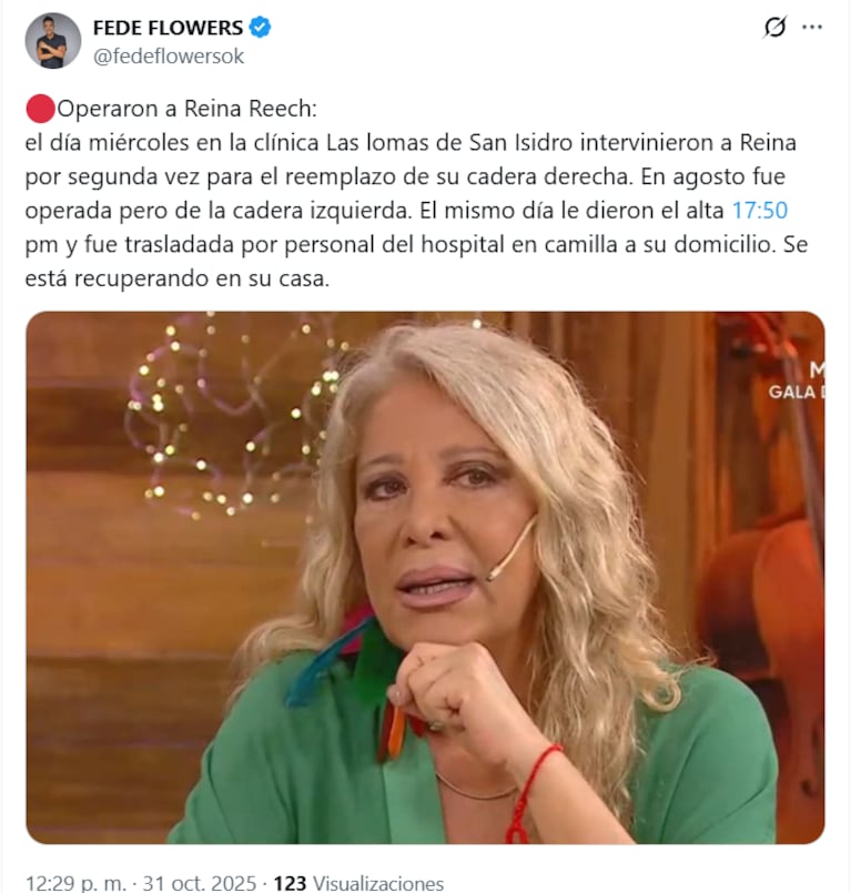 Reina Reech fue operada por segunda vez (Foto: captura de X/@fedeflowers).