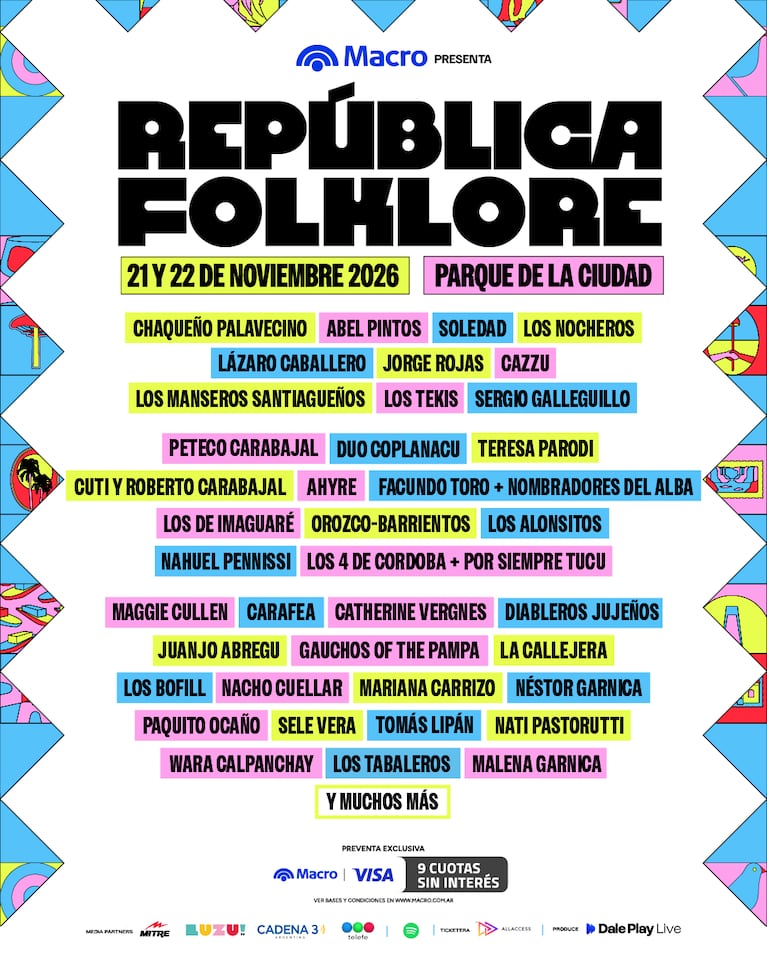 República Folklore 2026: Abel Pintos, Soledad, Chaqueño Palavecino y Cazzu encabezan la grilla del festival