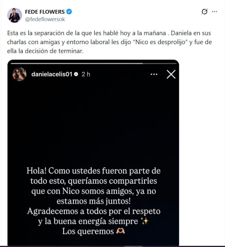 Revelan el motivo de la separación de Daniela Celis y Nick Sícaro (Foto: captura de X/@fedeflowersok).