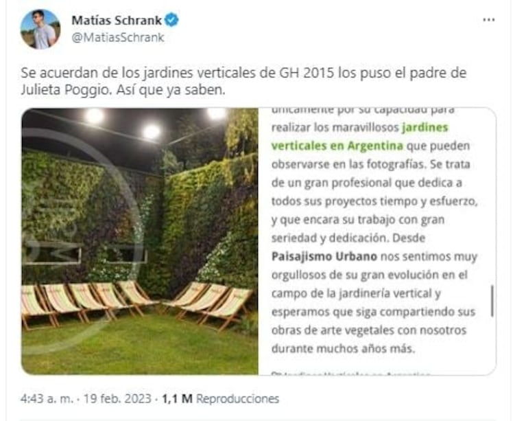 Revelan que el padre de Julieta Poggio hizo los jardines verticales de una casa de Gran Hermano