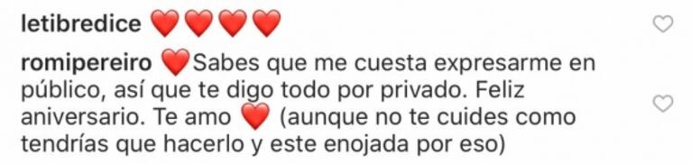 Rial posteó un romántico mensaje por el primer aniversario de boda ¡y Romina Pereiro contestó con un reclamo!