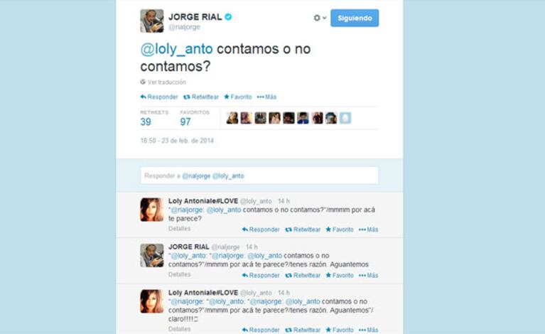 Rial y Loly Antoniale: enigmático intercambio de tweets (Fotos: Captura). 