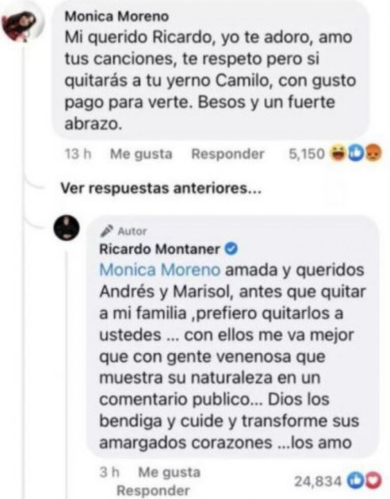 Ricardo Montaner cruzó sin filtros a una seguidora que criticó a su yerno, Camilo Echeverry: "Gente venenosa"