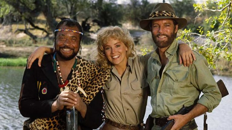 Richard Chamberlain, Sharon Stone y James Earl Jones en En busca de la Ciudad Perdida (1986) (Foto: IMDB)