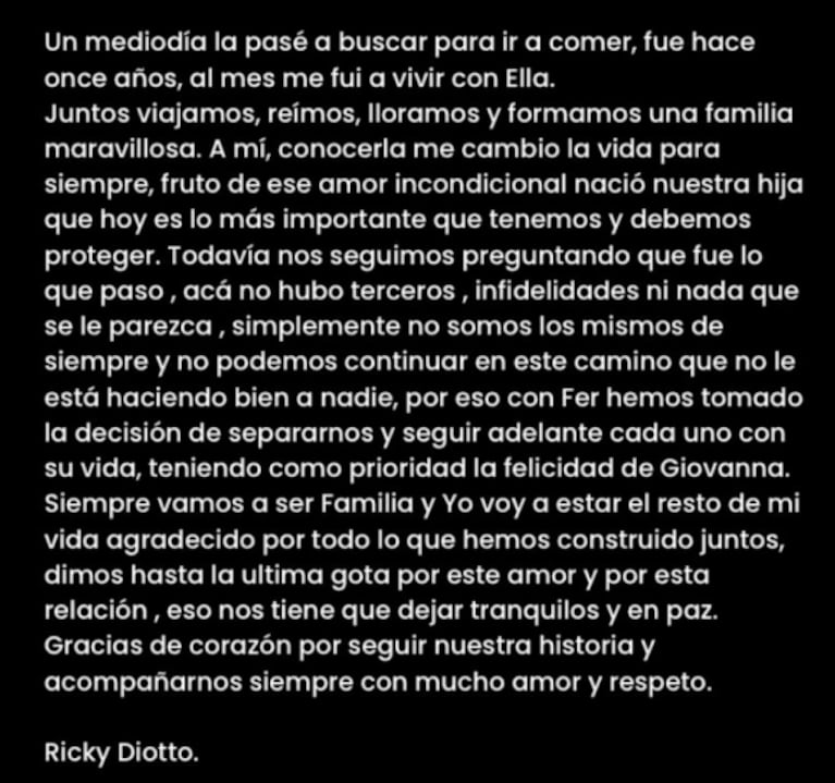 Ricky Diotto le dedicó un conmovedor posteo a María Fernanda Callejón tras su separación: "Conocerla me cambió la vida"