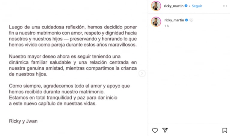 Ricky Martin anunció su sorpresiva separación de Jwan Yosef con un contundente comunicado