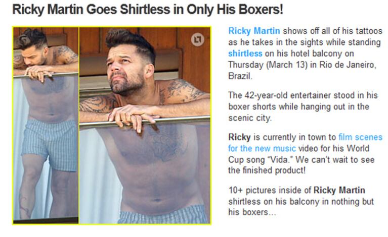 Ricky Martin, en su balcón, en bóxer. (Captura: Justjared.com)