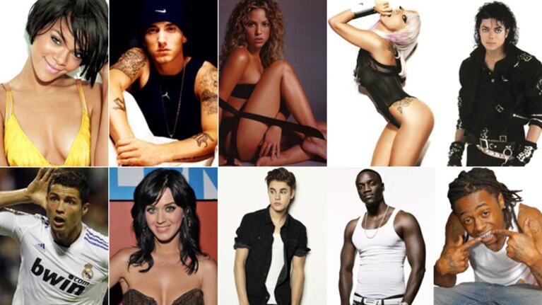 Rihanna, Eminem, Shakira, Lady Gaga, Michael Jackson, Cristiano Ronaldo, Katy Perry, Justin Bieber, Akon y Lil Wayne.