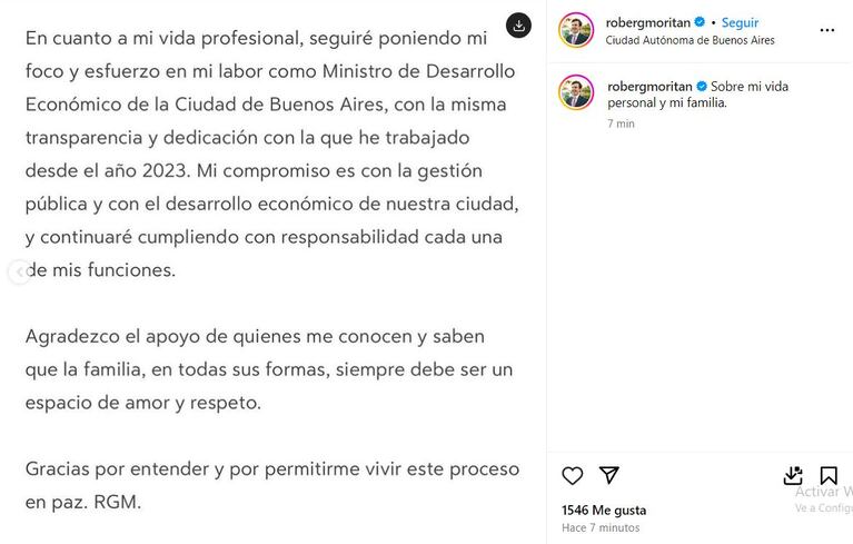 Roberto García Moritán confirmó su separación de Pampita (Foto: captura de Instagram).