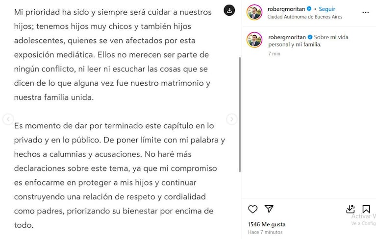 Roberto García Moritán confirmó su separación de Pampita (Foto: captura de Instagram).