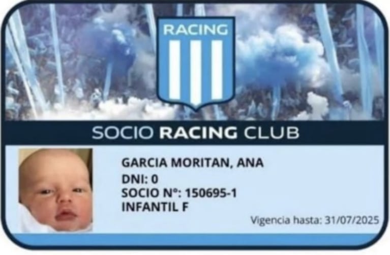 Roberto García Moritán mostró que su hija con Pampita es socia de Racing: "Ya no hay salida"