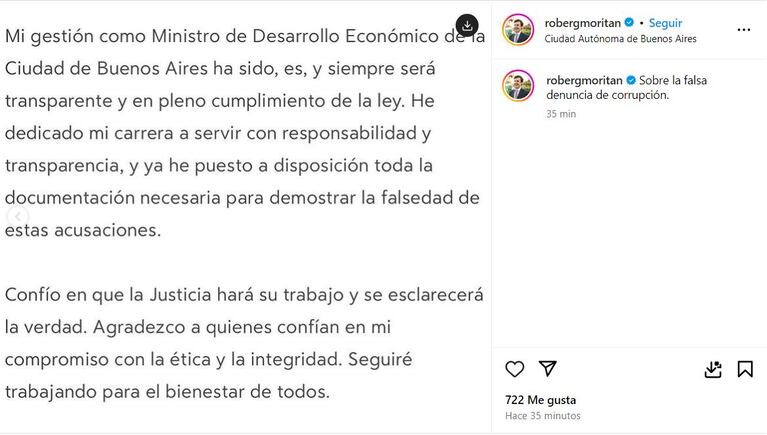 Roberto García Moritán se defiende de las acusaciones en su contra (Foto: captura de Instagram).