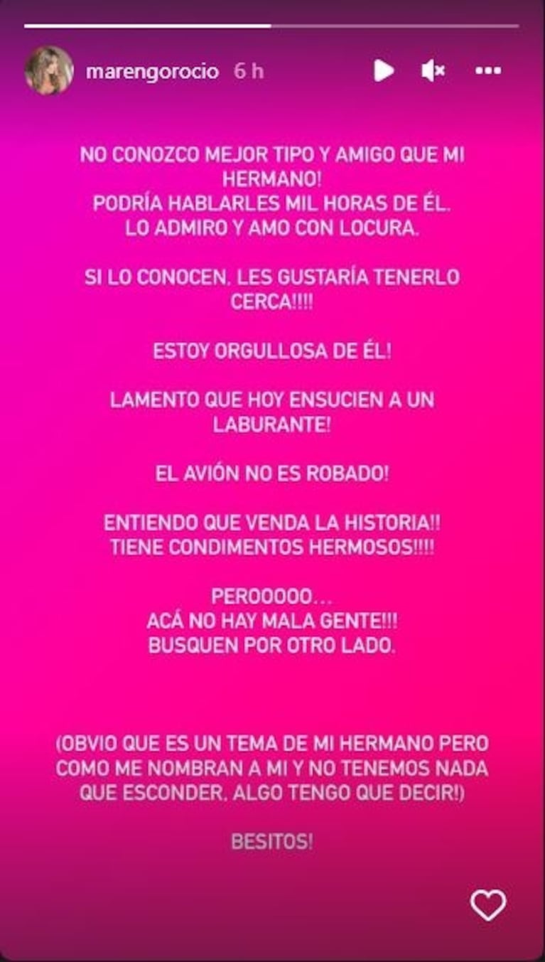 Rocío Marengo defendió a su hermano tras el allanamiento en el que le encontraron un helicóptero robado y armas