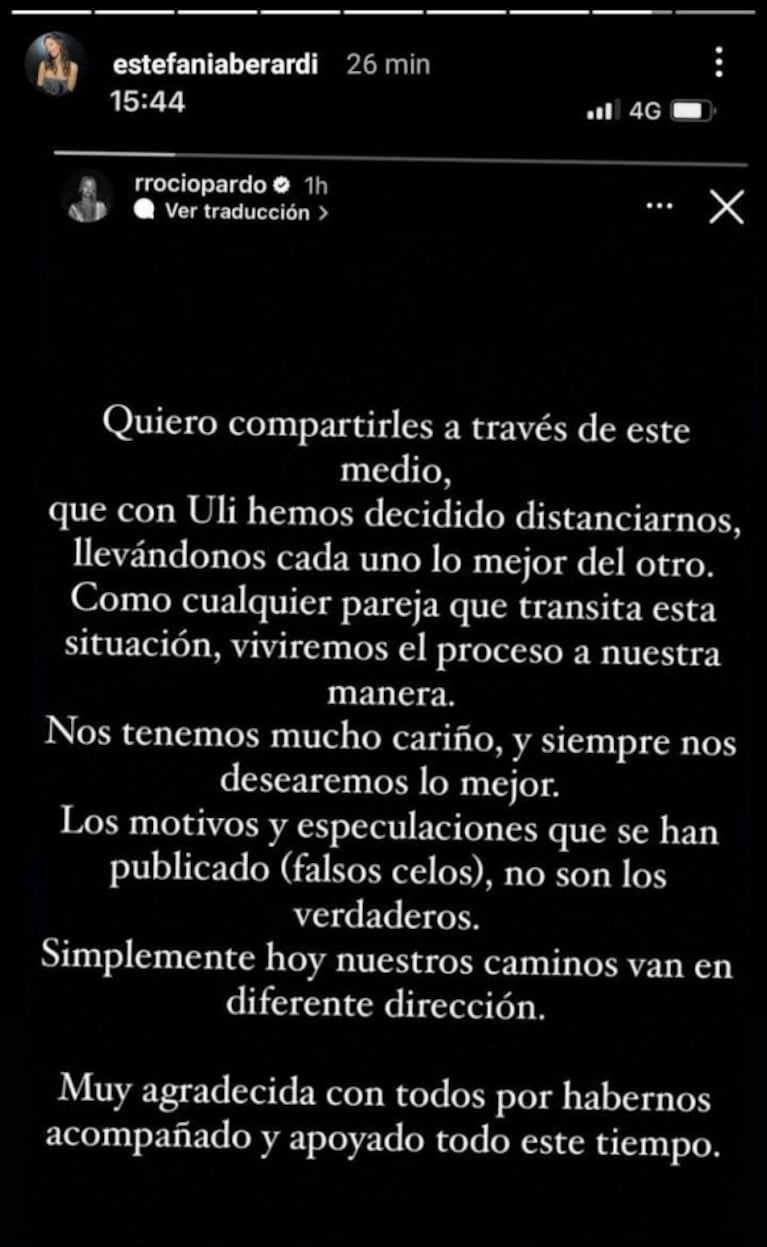 Rocío Pardo confirmó su separación de Ulises Bueno y él compartió llamativos posteos