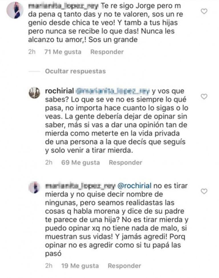 Rocío Rial salió explosiva al cruce de una seguidora de Jorge que cuestionó el amor de sus hijas: "Venís a tirar mier..."