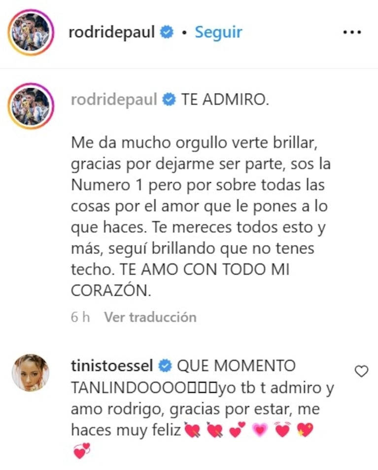 Rodrigo de Paul le declaró su amor a Tini Stoessel después del show: "Te amo con todo mi corazón"