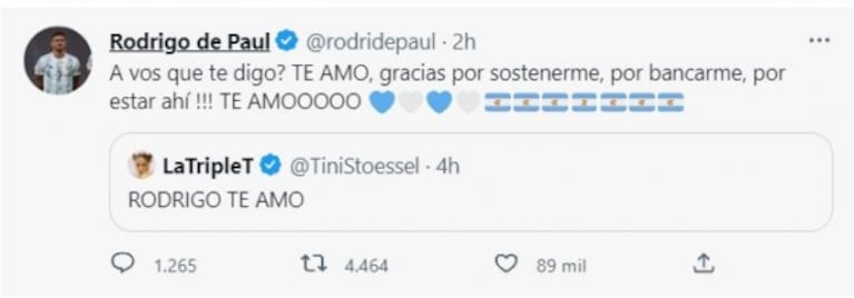 Rodrigo de Paul le dedicó a Tini Stoessel un tremendo mensaje de amor: "Te amo, gracias por sostenerme"