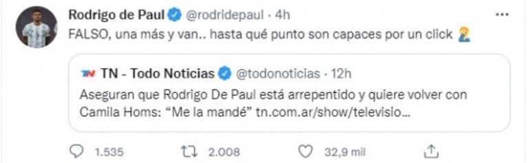 Rodrigo de Paul reaccionó con todo a la versión de que se arrepiente de haberse separado de Camila Homs 