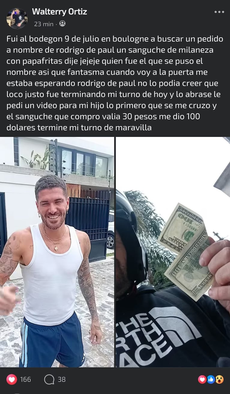 Rodrigo De Paul sorprendió a un delivery con una propina en dólares y un gesto viral. Crédito: X