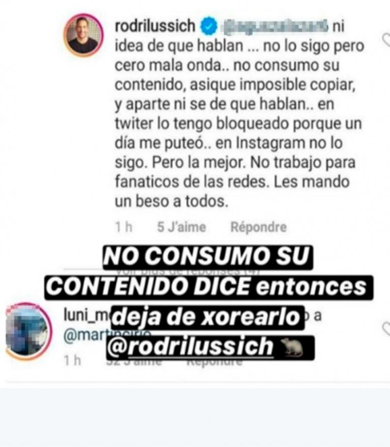 Rodrigo Lussich respondió a La Faraona su acusación de robar material: "Imposible copiar porque no lo consumo"