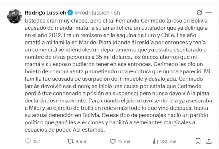 Rodrigo Lussich reveló el drama que vivió su familia con Fernando Cerimedo: “Perdieron todo”. Crédito: X