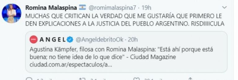 Romina Malaspina, furiosa con Agustina Kämpfer: "Ridícula; vos estás en un programa por Rial y  Boudou"