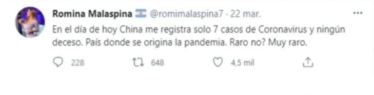 Romina Malaspina generó polémica con su teoría conspirativa sobre el 'origen' del coronavirus: "Fue intencional"