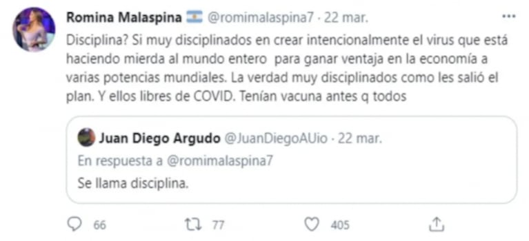 Romina Malaspina generó polémica con su teoría conspirativa sobre el 'origen' del coronavirus: "Fue intencional"