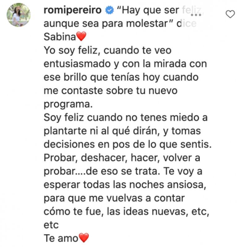 Romina Pereiro le dedicó un profundo mensaje de apoyo a Jorge Rial antes de su regreso a los medios: "Soy feliz cuando no tenés miedo al qué dirán"