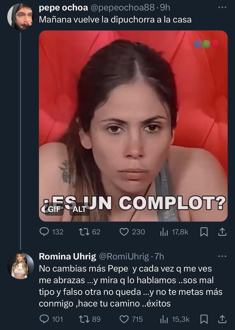 Romina Uhrig se cruzó en redes sociales con Pepe Ochoa.