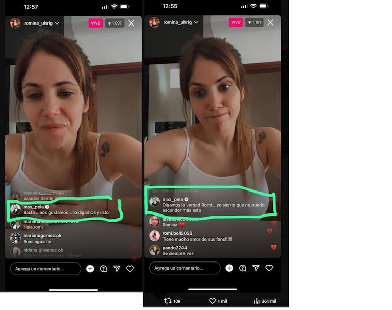 Romina Uhrig y los mensajes de Maxi Guidici (captura Instagram)