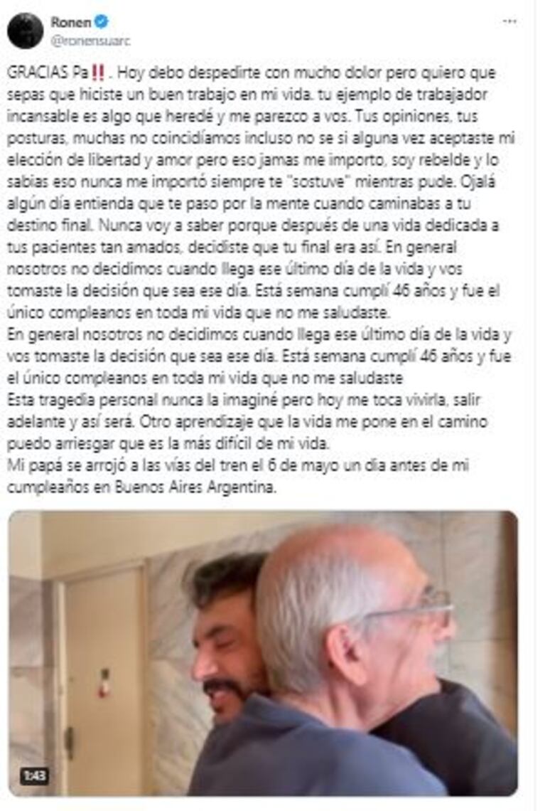 Ronen Suarc mostró en sus redes el último encuentro con su papá antes de su trágica muerte (Foto: Twitter / X @ronensuarc)